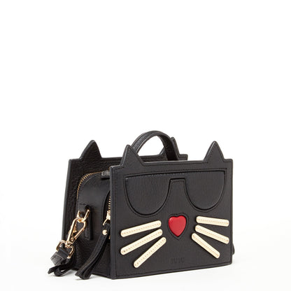 Italian Black Leather Cat Crossbody Bag