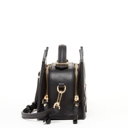 Italian Black Leather Cat Crossbody Bag