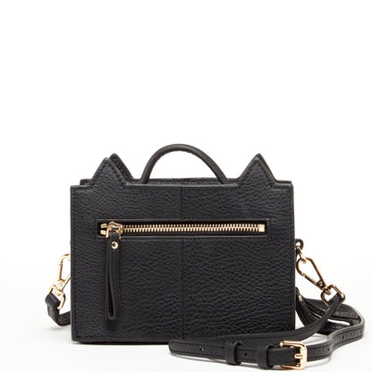 Italian Black Leather Cat Crossbody Bag